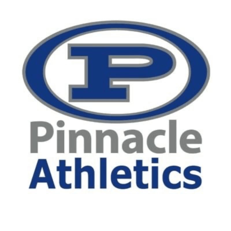 A blue and gray oval logo with a white "P" inside is positioned above the words "Pinnacle Athletics" in gray and blue text, all set against a white background.