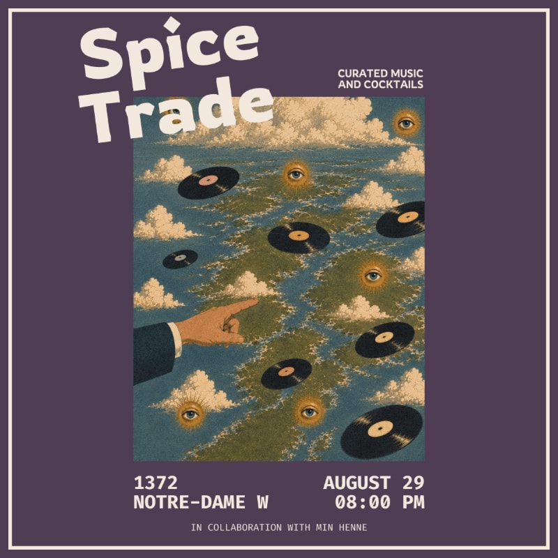 A hand points towards floating vinyl records and eyes in a cloudy sky above a body of water, with event details for "Spice Trade" at the bottom.