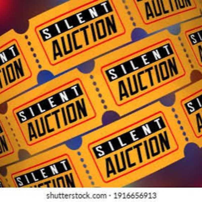 Rows of yellow tickets with "SILENT AUCTION" printed in black and red are diagonally arranged against a blurred, dark background.
