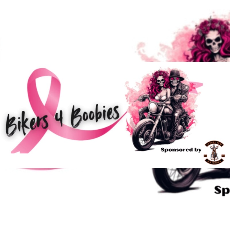 A pink ribbon with the words "Bikers 4 Boobies" is on the left, while a skeleton couple rides a motorcycle against a pink smoky background on the right.