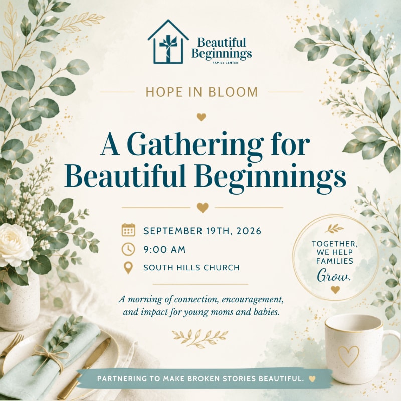 A floral-adorned invitation for "A Gathering for Beautiful Beginnings" on September 19th, 2026, at South Hills Church, is set against a soft, watercolor-like background with greenery and a mug in the foreground.