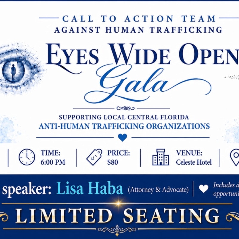 A blue and white flyer advertises the "Eyes Wide Open Gala" for the Call to Action Team Against Human Trafficking, with details about the time, price, venue, and speaker in the foreground, and a stylized eye graphic on the left side of the background.