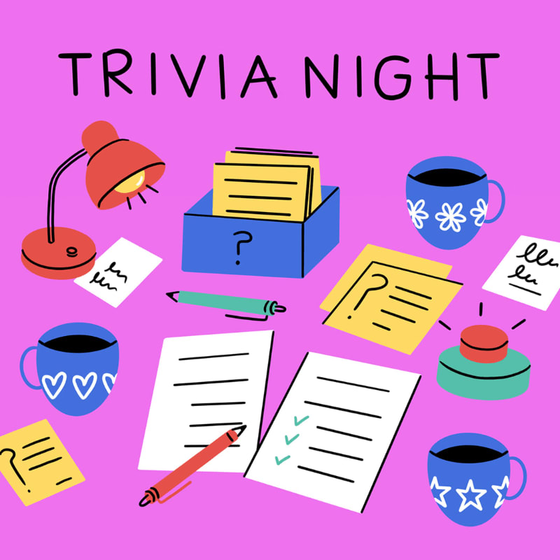 A desk with papers, pens, a lamp, and mugs is set up for a trivia night, with a question box and a buzzer in the background.
