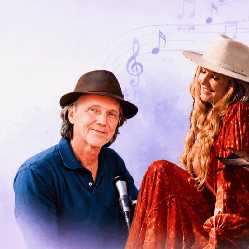 A man in a brown hat and blue shirt smiles at the camera in the foreground, while a woman in a red dress and white hat looks away in the background, with musical notes floating above them.