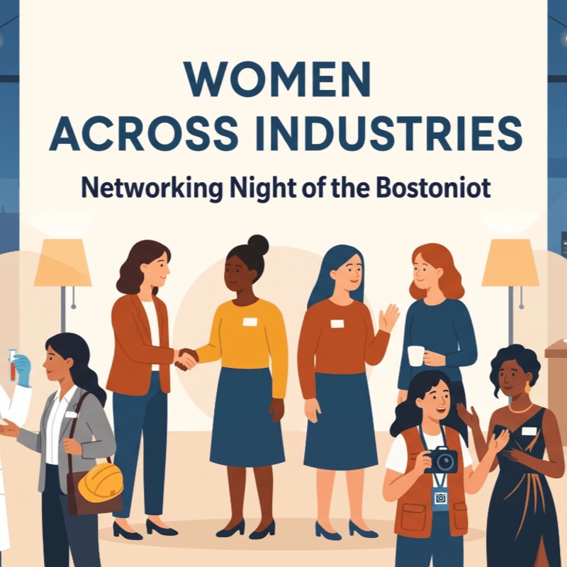A group of diverse women are networking at an event with the title "WOMEN ACROSS INDUSTRIES" in the background.