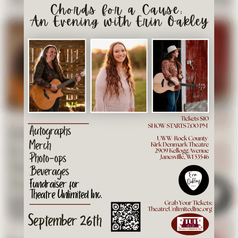 A poster advertises "Chords for a Cause: An Evening with Erin Oakley" on September 26th, featuring three photos of the artist in the foreground and event details in the background.