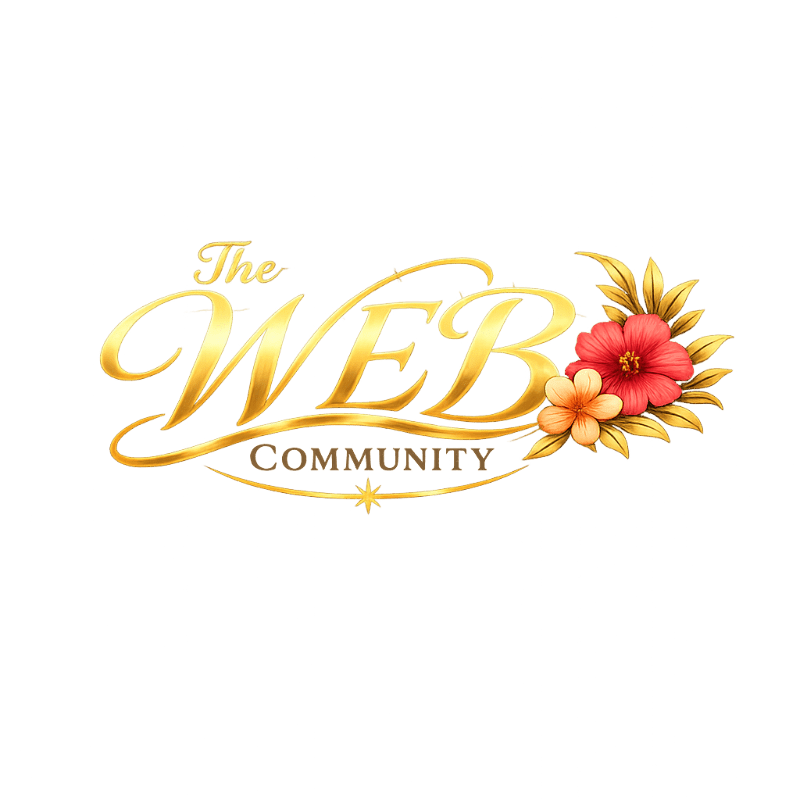 Golden cursive text spelling "The WEB COMMUNITY" is adorned with vibrant red and orange flowers and golden leaves on the right side, set against a plain white background.