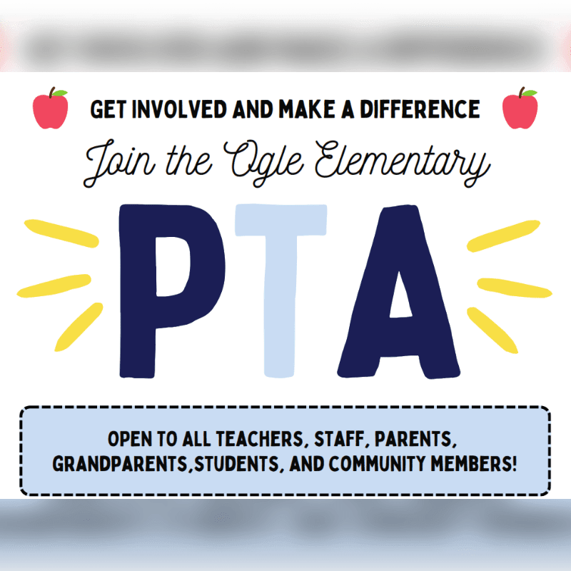 Large blue and white letters spelling "PTA" are in the foreground, with text about joining Ogle Elementary PTA and who can join in the background.