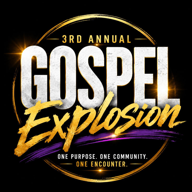 A black background frames a circular logo with "3RD ANNUAL GOSPEL EXPLOSION" in bold white and gold lettering, accented by purple brushstrokes and a tagline at the bottom.