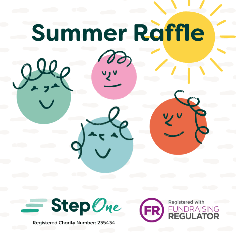 Four colorful cartoon faces with curly hair smile under a bright yellow sun, with "Summer Raffle" text above and charity logos at the bottom.