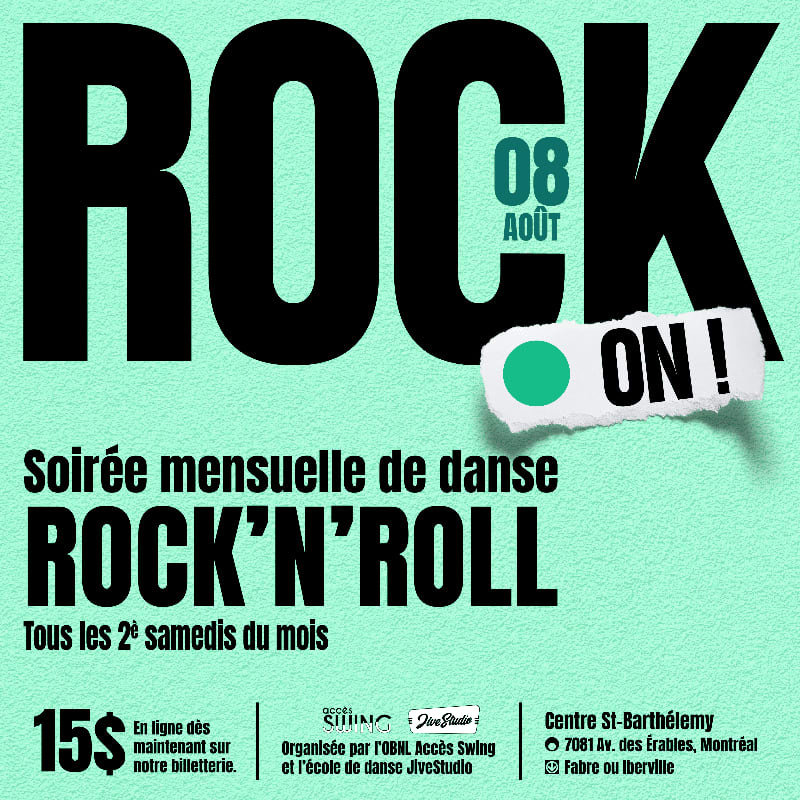 Large black text reading "ROCK" dominates the top of the poster, with a green circle and "ON!" to its right, set against a light green background.