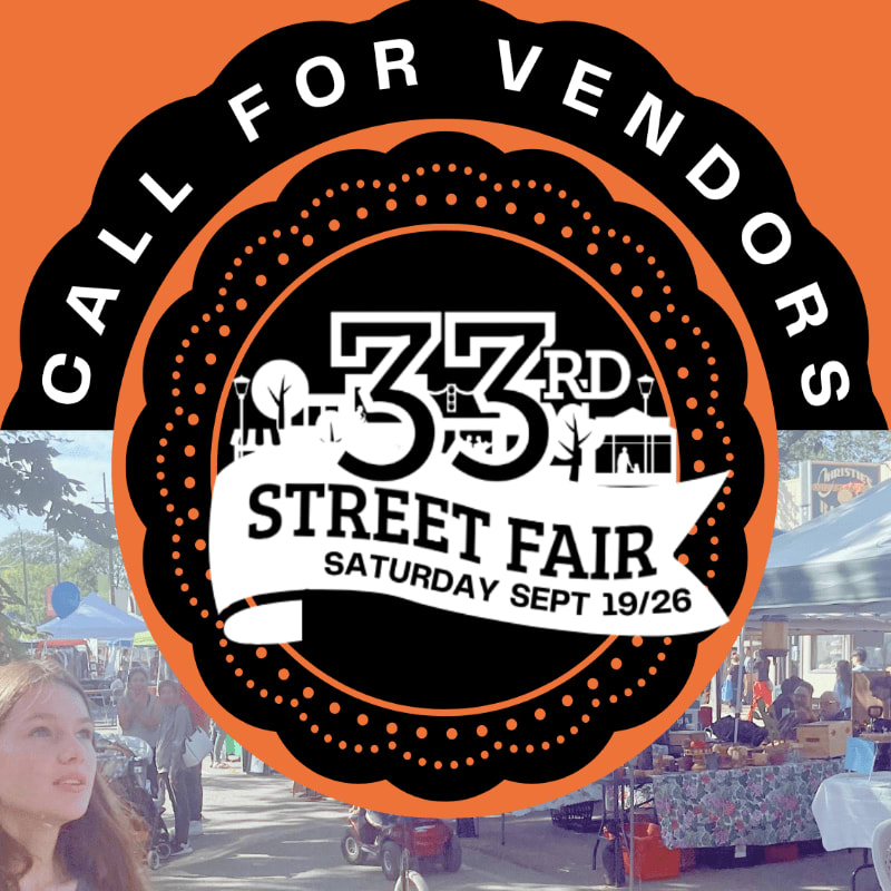 A young woman looks up from the bottom left foreground of a street fair poster, which features a circular emblem announcing the "33rd Street Fair" and "Call for Vendors" against a blurred background of market stalls and people.