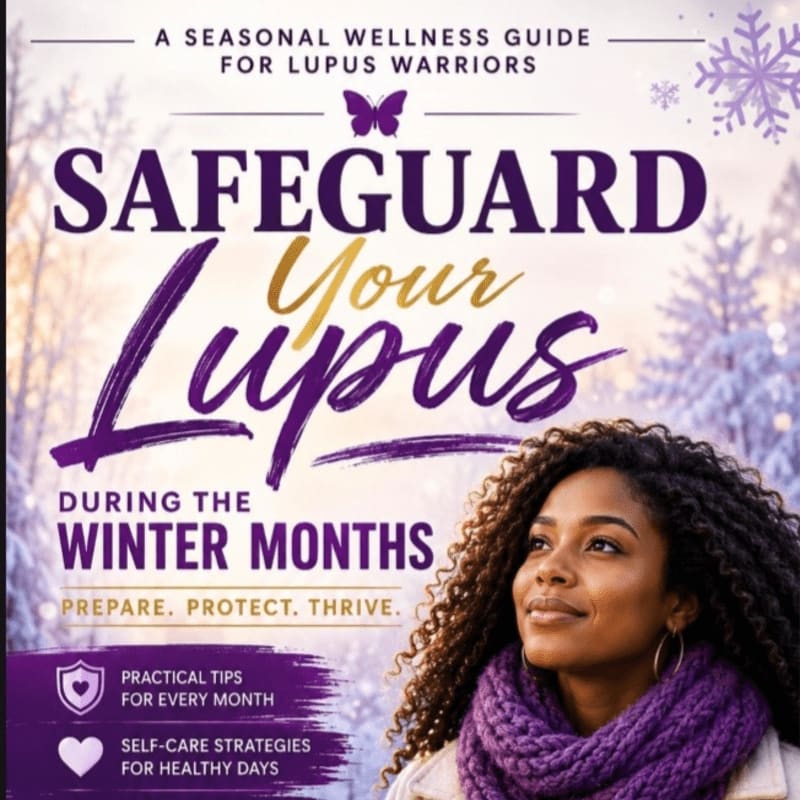 A woman with curly hair and a purple scarf smiles in the foreground, while a wintery forest with snow-covered trees forms the background of a guide titled "Safeguard Your Lupus During the Winter Months."