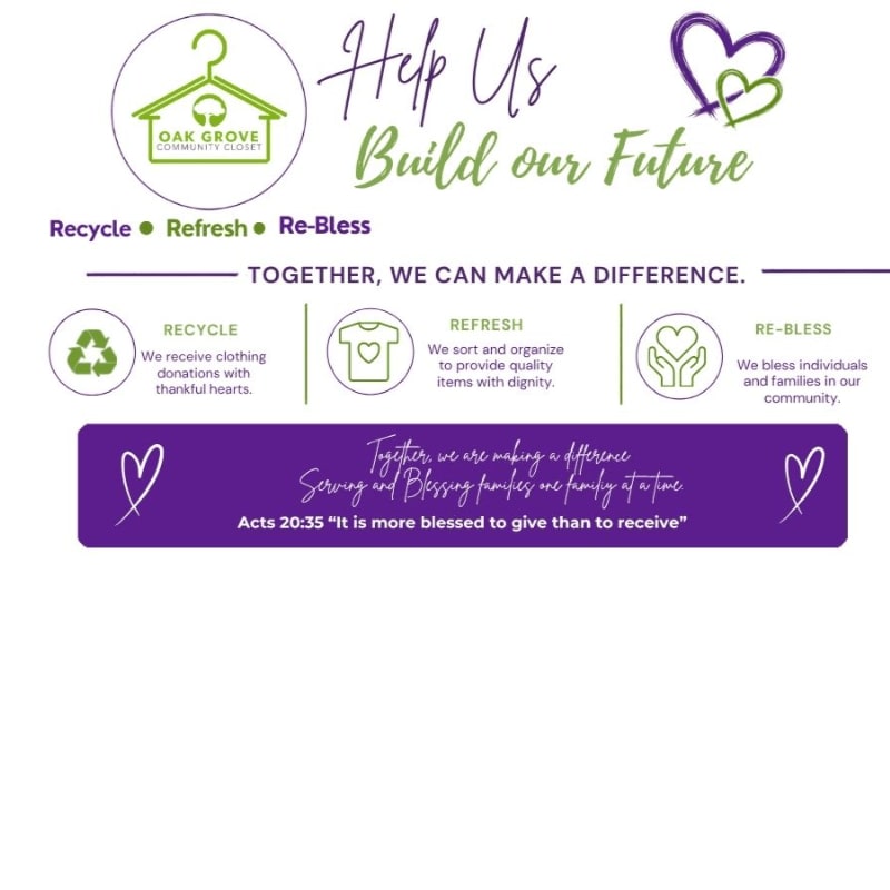 A graphic promoting "Oak Grove Community Closet" features a purple banner with a Bible verse in the foreground and a logo with the text "Help Us Build our Future" in the background.