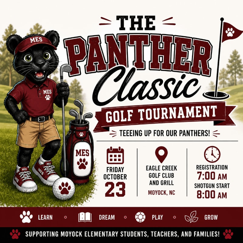 A cartoon panther mascot stands on a golf course with a golf bag and clubs in the foreground, while the background features event details for "The Panther Classic Golf Tournament."