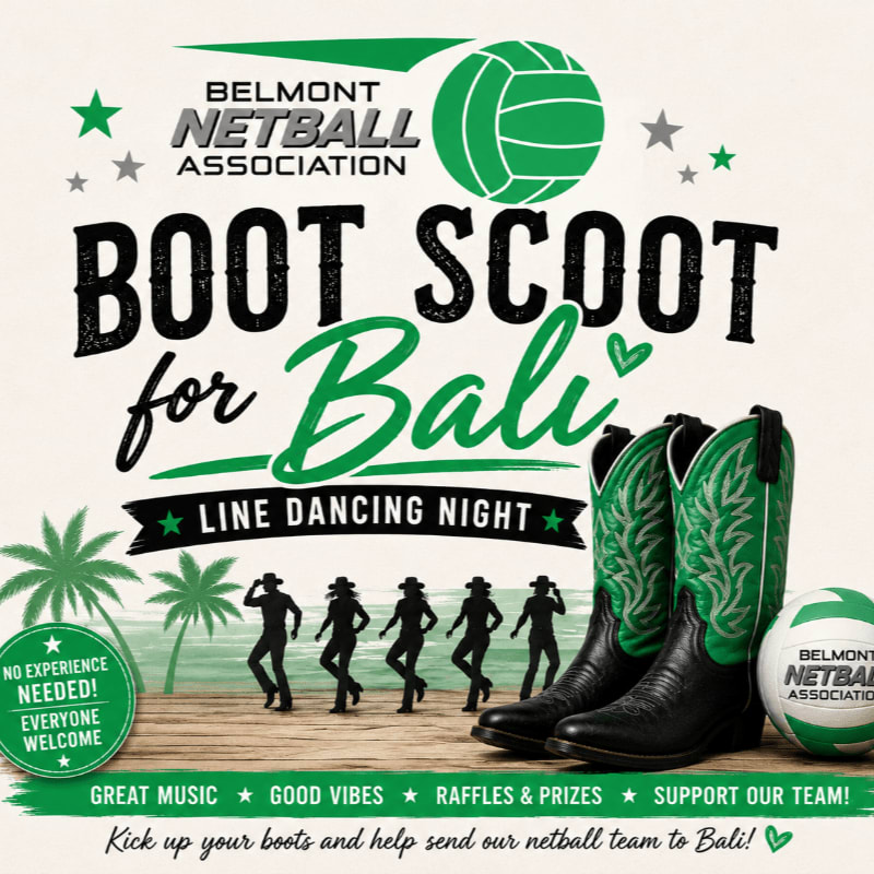 In the foreground, a pair of green cowboy boots and a netball sit on a wooden surface, while in the background, silhouetted dancers line dance under palm trees with a beach scene.