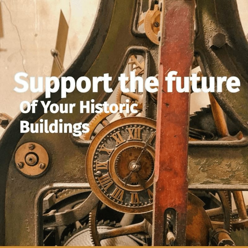 Intricate clockwork gears fill the foreground, with the text "Support the future of Your Historic Buildings" overlaid, against a blurred, textured background.