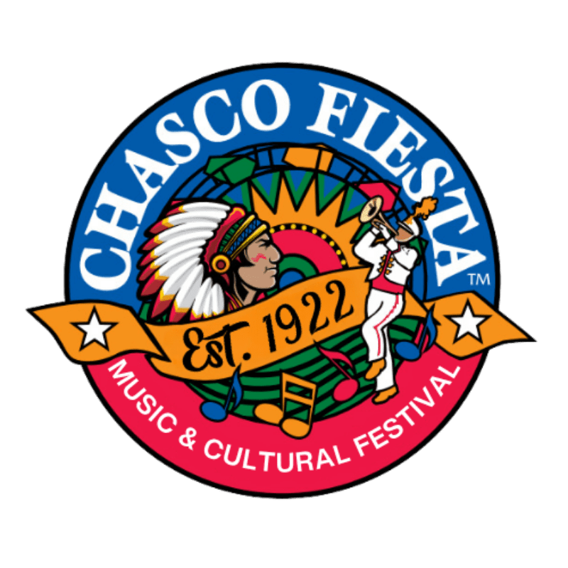 A circular logo for "Chasco Fiesta Music & Cultural Festival" features a Native American chief and a trumpet player in the foreground against a colorful, sun-like background.