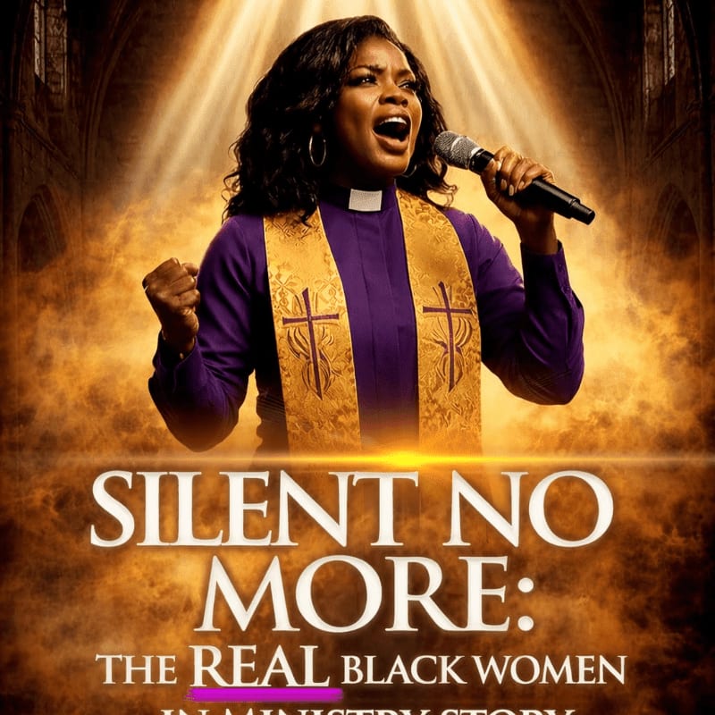 A woman in a purple clerical robe and gold stole sings passionately into a microphone, with dramatic lighting and a blurred church interior in the background.