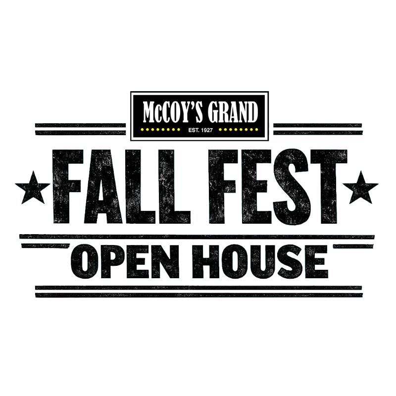 Bold, distressed text announces "FALL FEST OPEN HOUSE" in the foreground, with "McCOY'S GRAND EST. 1927" above it, all set against a plain white background.