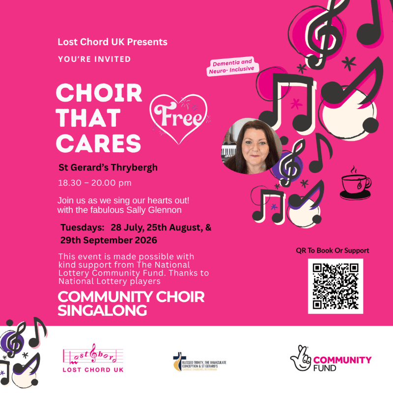 A vibrant pink poster advertises a free "Choir That Cares" event with musical notes and a photo of Sally Glennon in the foreground, while the background features event details and sponsor logos.