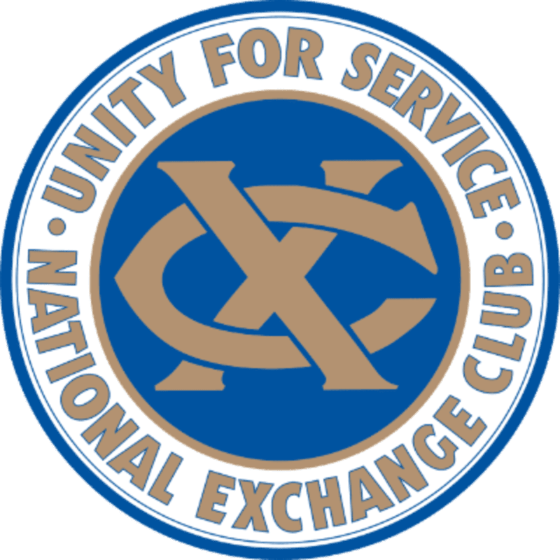 A circular emblem with a blue background features intertwined tan letters "X" and "C" in the foreground, surrounded by text reading "NATIONAL EXCHANGE CLUB UNITY FOR SERVICE" in the background.