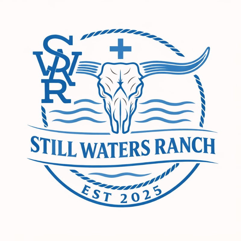 A blue logo features a bull skull with horns and a cross above wavy water in the foreground, set against a white background with a rope border and the text "STILL WATERS RANCH EST 2025".