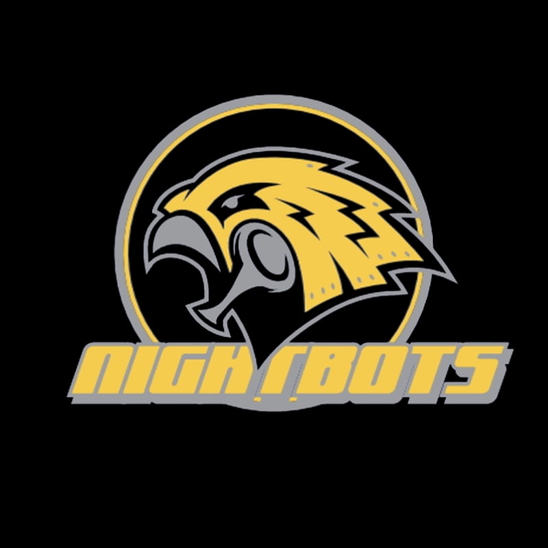 A stylized yellow hawk with a gray outline is centered within a gray circle, with the word "NIGHTBOTS" in yellow block letters below it, all against a black background.