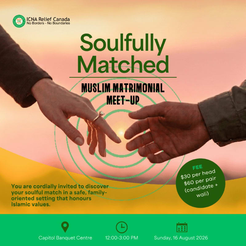 Two hands reach towards each other in the foreground, with a sunset and text advertising a Muslim matrimonial meet-up in the background.
