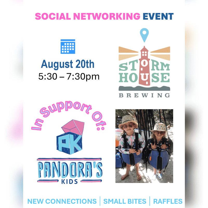 A social networking event flyer for Pandora's Kids at Storm House Brewing on August 20th features two children in the foreground.