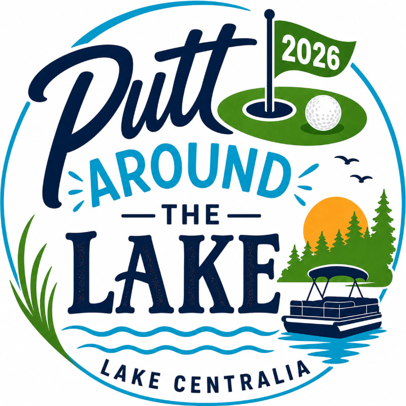 A golf ball rests on a green with a flag marked "2026" in the foreground, while a pontoon boat sails on a lake with trees and a sunset in the background, all within a circular logo for "Putt Around the Lake" in Lake Centralia.
