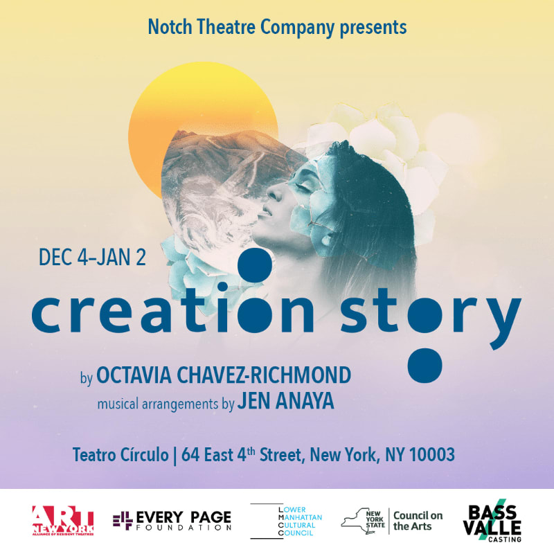 A stylized portrait of a woman's face merging with abstract elements and text announcing "creation story" by Notch Theatre Company.