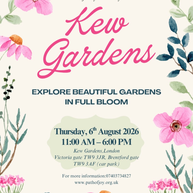 Pink and green floral illustrations frame text announcing an event at Kew Gardens on Thursday, August 6th, 2026.