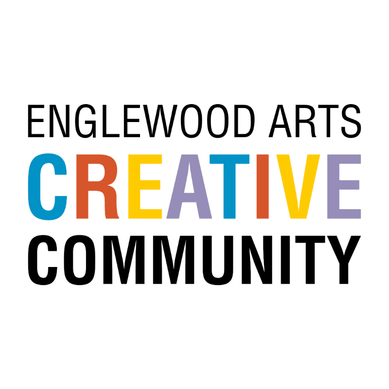 Black text reading "ENGLEWOOD ARTS" is above colorful block letters spelling "CREATIVE," which are above black text reading "COMMUNITY," all on a white background.