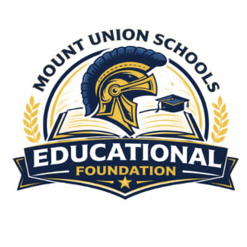 A stylized Spartan helmet and graduation cap rest atop an open book, framed by laurel branches and the words "Mount Union Schools Educational Foundation" in an arched banner.
