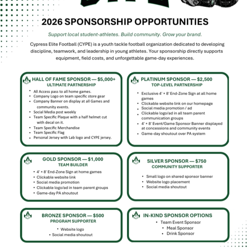 A green and white document outlines sponsorship opportunities for Cypress Elite Football, detailing various partnership levels and their benefits, with a background of abstract green shapes.