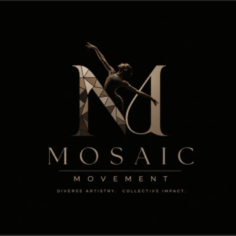 A dancer is silhouetted against a large, stylized "M" with a mosaic pattern, set against a dark background with the words "MOSAIC MOVEMENT" and a tagline below.