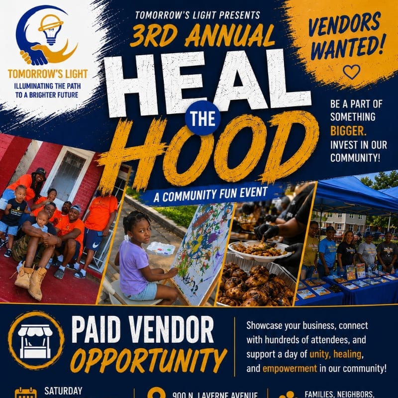 A flyer advertises the 3rd Annual Heal the Hood community fun event, featuring images of people gathering and food, with a call for vendors in the background.