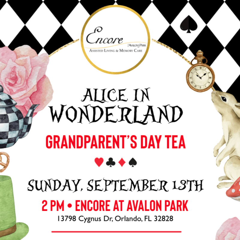 A whimsical Alice in Wonderland themed invitation for a Grandparent's Day Tea features a teapot and green hat in the foreground against a black and white checkered background with a pocket watch and rabbit.