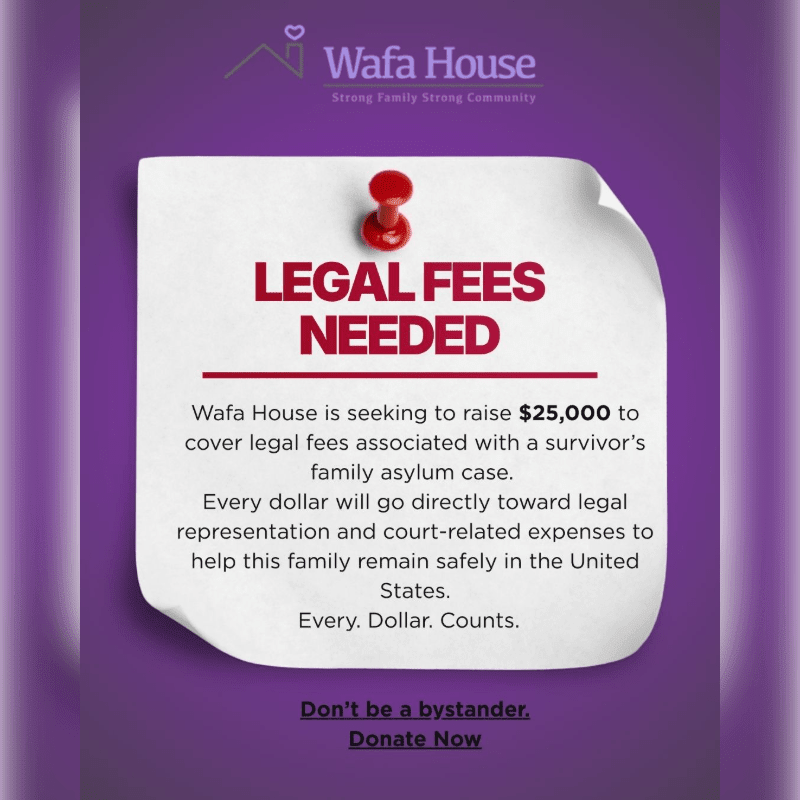 A white sticky note with red text about needing legal fees is pinned to a purple background, with the Wafa House logo at the top.