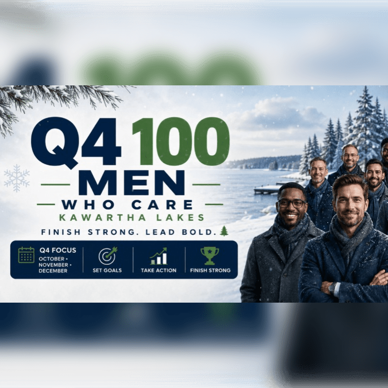 A group of men in winter coats stand in front of a snowy lake with "Q4 100 MEN WHO CARE KAWARTHA LAKES" text overlayed.