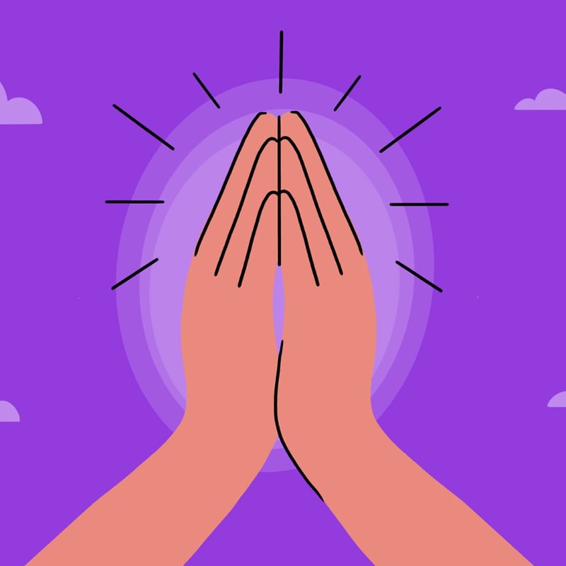 Hands clasped in prayer are illuminated by a radiant halo against a purple sky with scattered clouds.