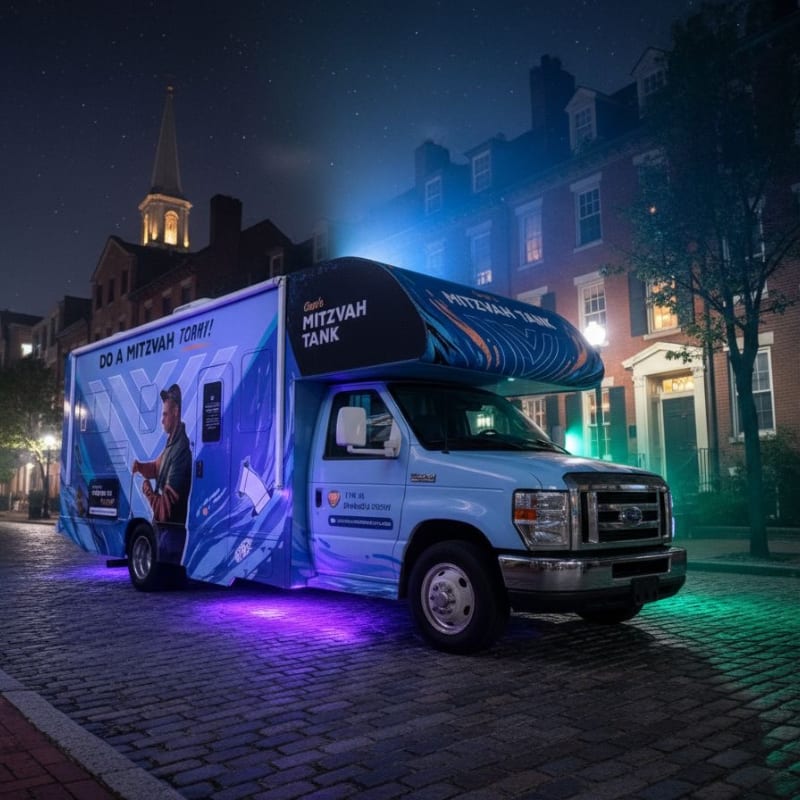 A light blue RV, branded as the "Mitzvah Tank," is parked on a cobblestone street at night, illuminated by colorful lights, with historic buildings and a church steeple in the background.