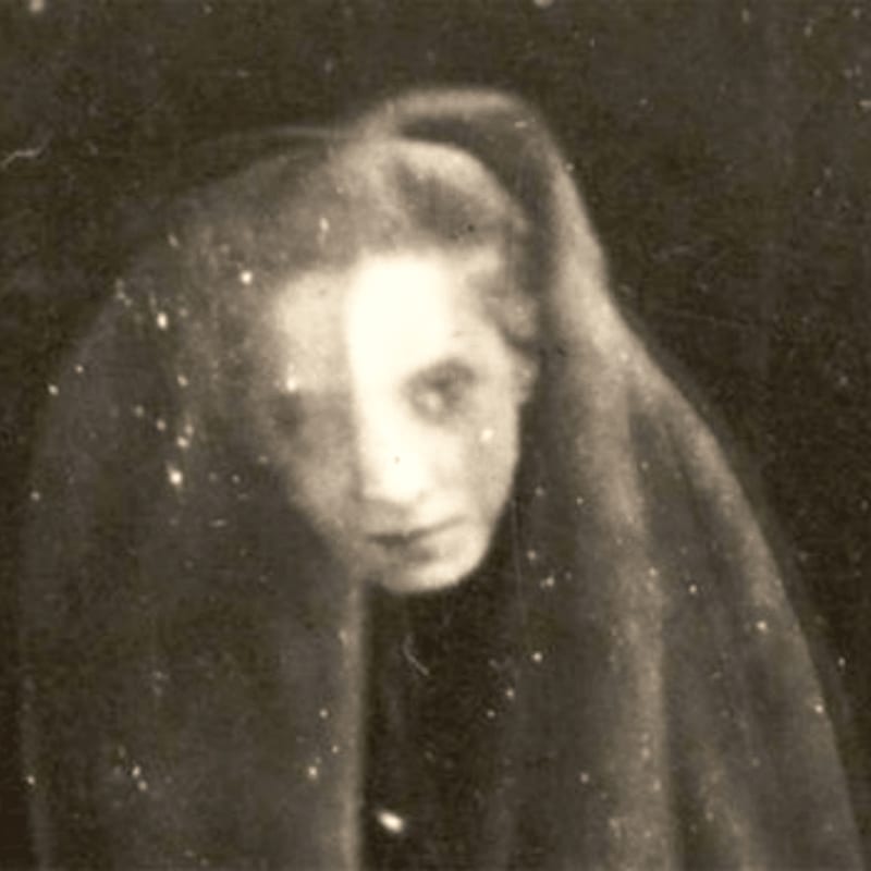 A ghostly figure with a veil draped over its head emerges from a dark, speckled background.