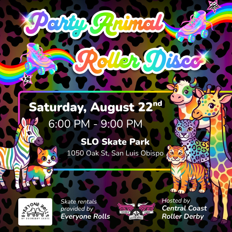 A vibrant "Party Animal Roller Disco" invitation features cartoon animals like a zebra, cat, cow, giraffe, leopard, and tiger in the foreground against a black leopard print background with rainbow and roller skate accents.