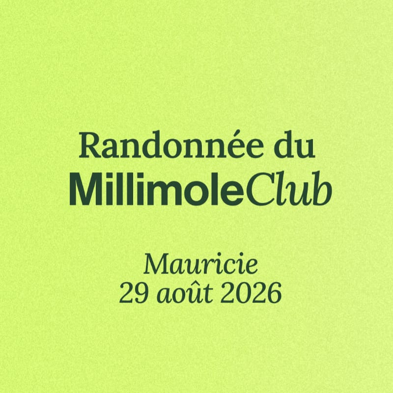 Green textured background with dark green text announcing "Randonnée du MillimoleClub" and "Mauricie 29 août 2026".