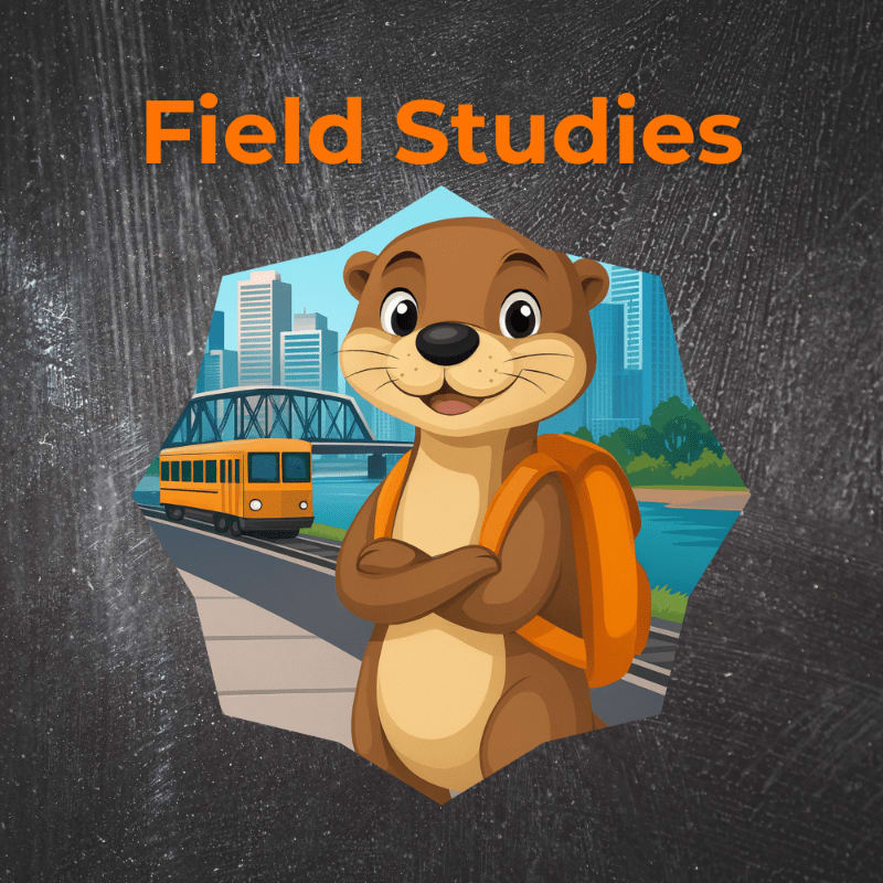 A cartoon otter with an orange backpack stands in the foreground, with a city skyline, bridge, and trolley in the background.