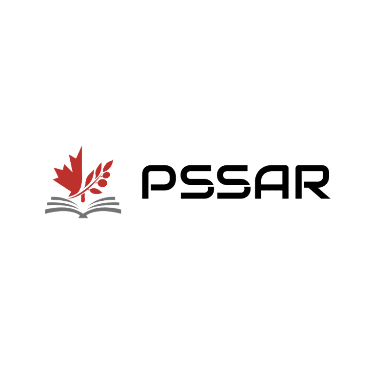 A red maple leaf and branches emerge from an open book in the foreground, next to the black text "PSSAR" on a white background.