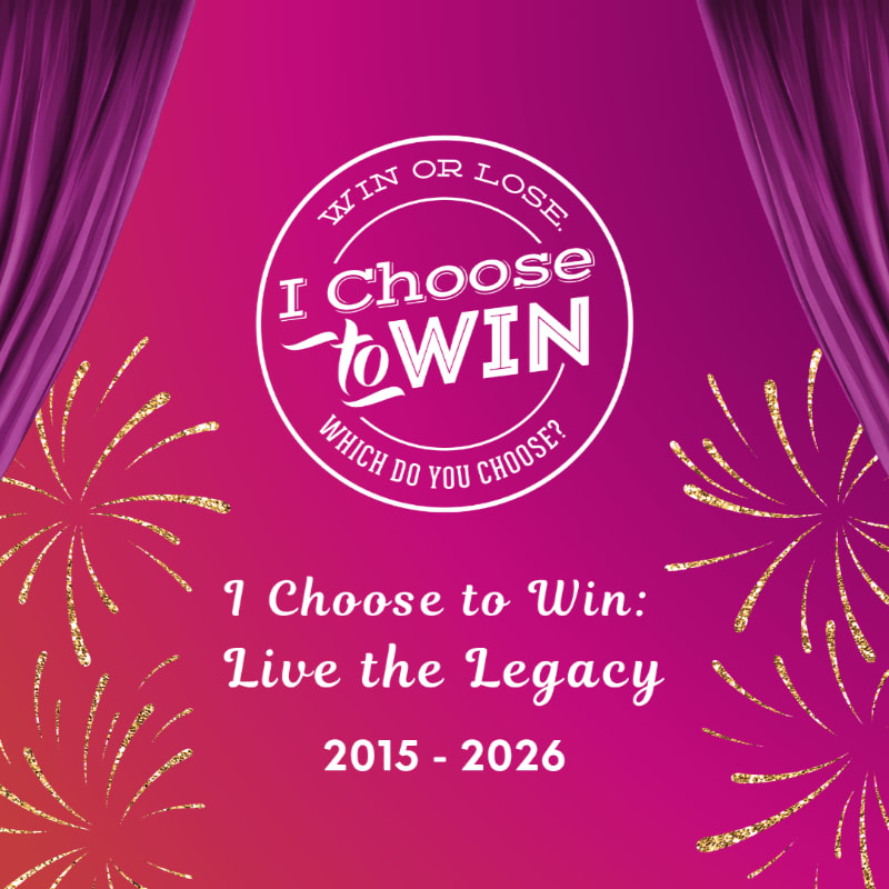 Sparkling fireworks and purple curtains frame a circular logo with the text "I Choose to Win" and a gradient background with event details.