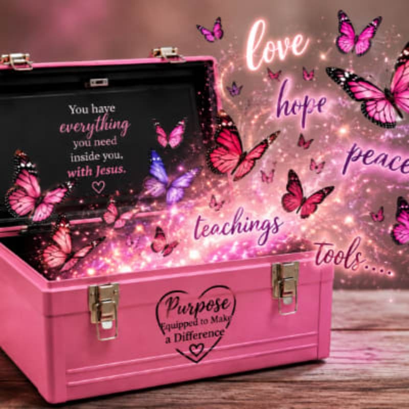 A pink toolbox with butterflies and inspirational words like "love," "hope," and "peace" is set against a sparkling, ethereal background.